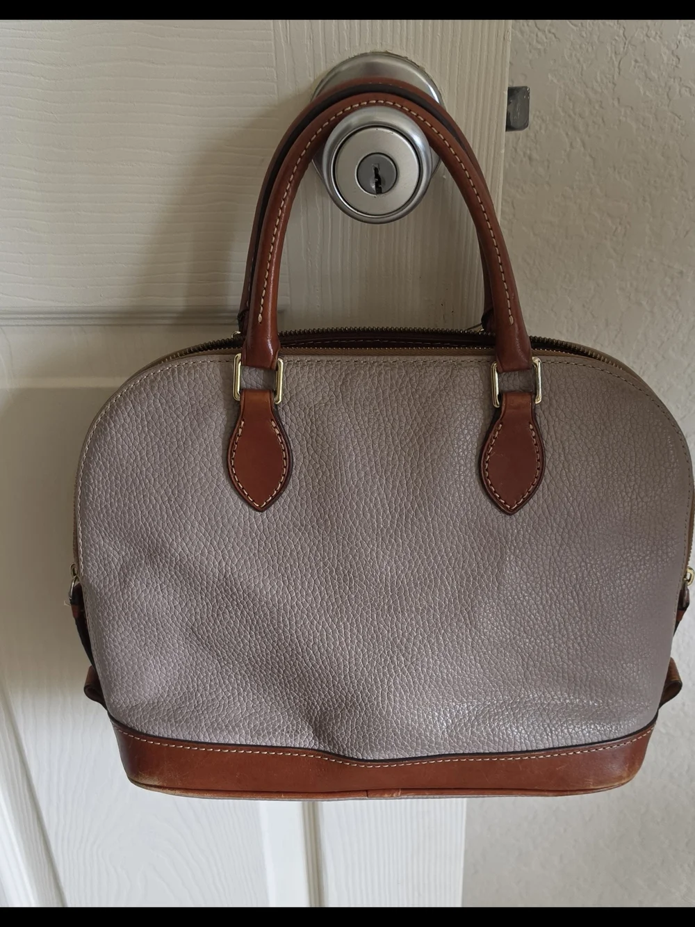 Dooney & Bourke Taupe Pebbled Leather Satchel with Brown Trim